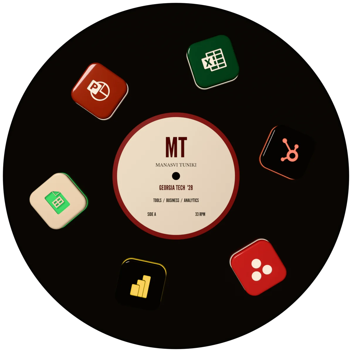 Vinyl record labelled MT, Georgia Tech '28, with stickers for Excel, HubSpot, Asana, Power BI, Google Sheets and PowerPoint